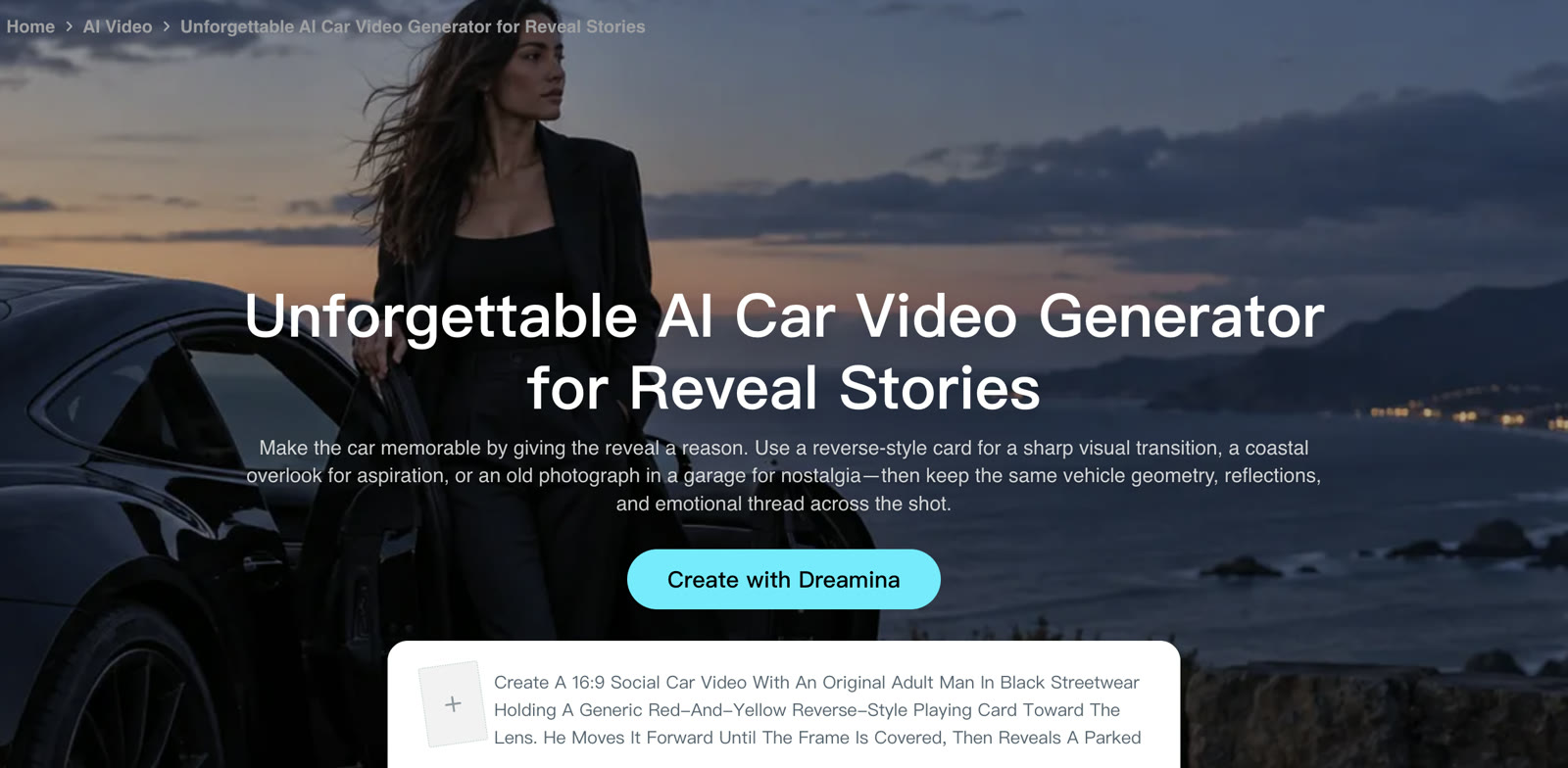Dreamina's Unforgettable AI car video page, with its first sample prompt asking for one reverse-style playing card held toward the lens