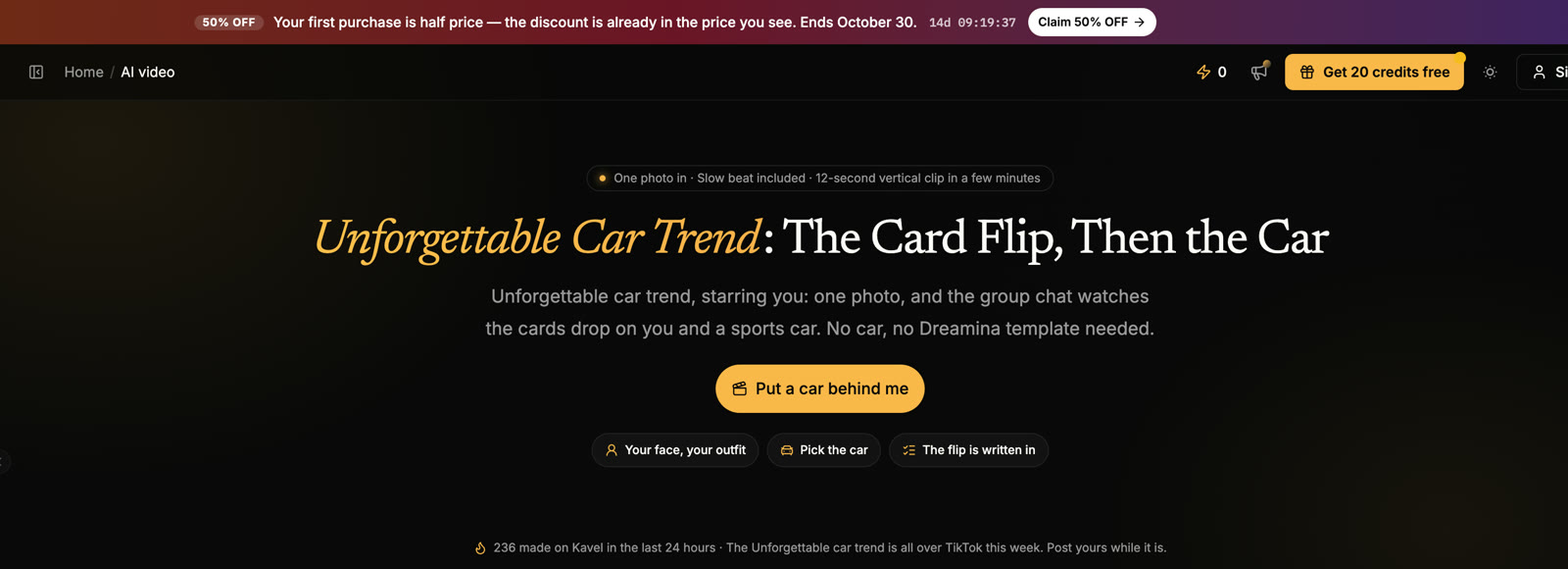 Kavel's Unforgettable car trend page: one photo in, slow beat included, a 12-second vertical clip, under a half-price first-purchase banner