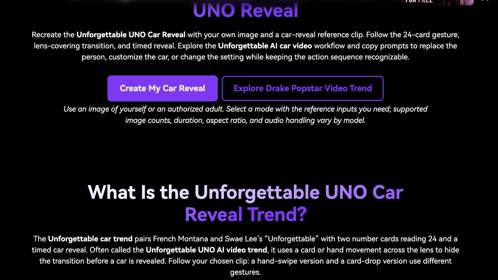 Media.io's Unforgettable AI car video page, which asks for your own image and a car-reveal reference clip