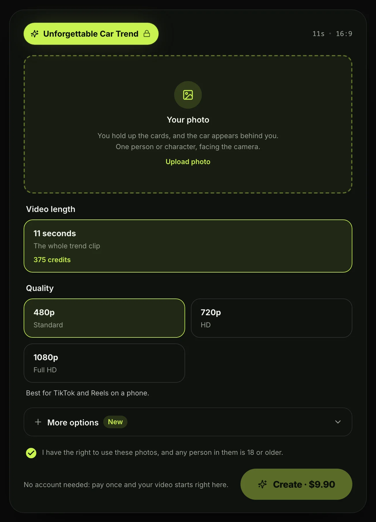 Unforgettable Car AI, an Unforgettable car trend app in the browser, signed out: one Your photo spot, 11 seconds, 480p, 720p and 1080p, and a Create · $9.90 button next to the no-account line