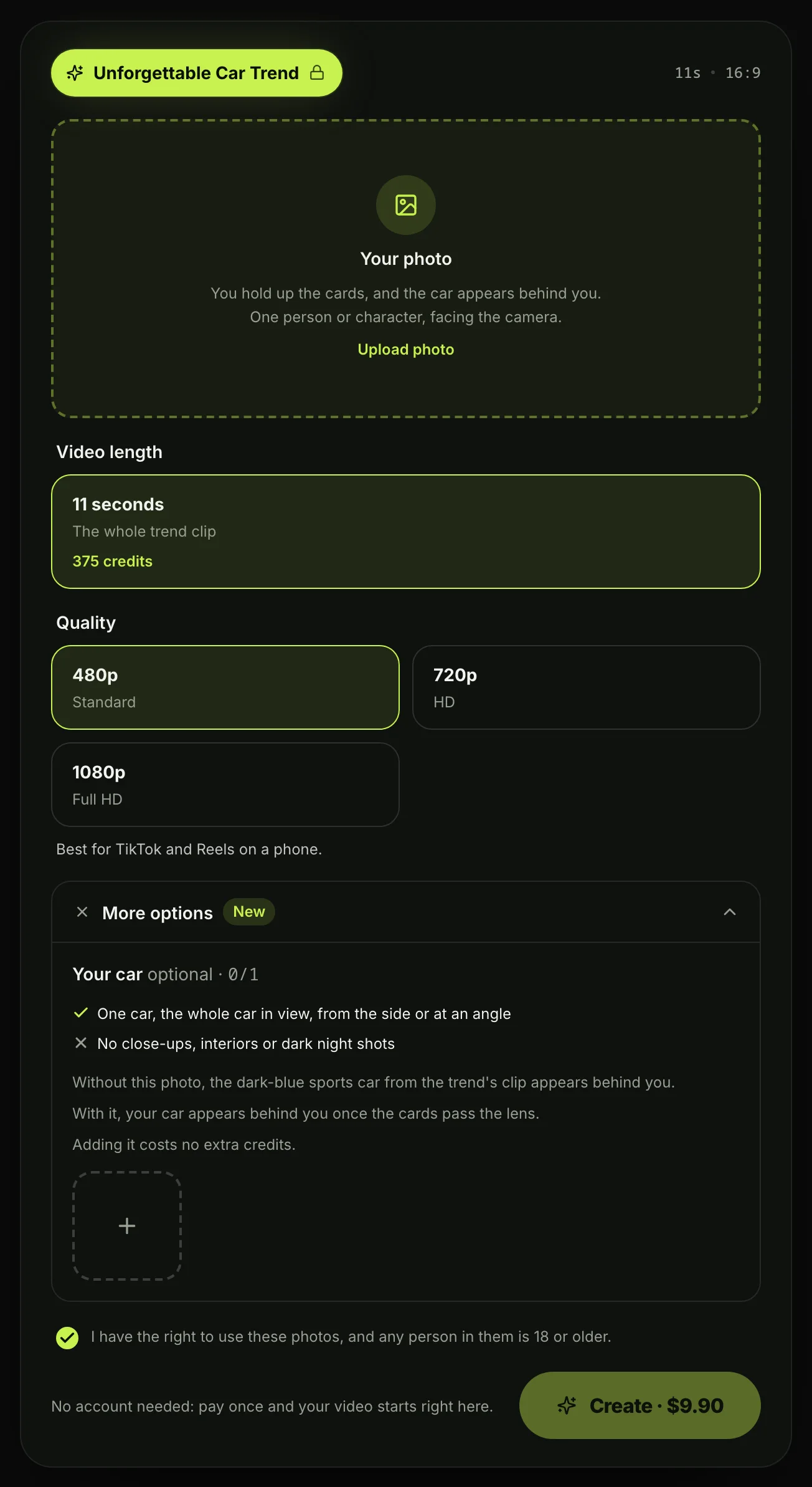 Unforgettable Car AI's Unforgettable car trend maker, signed out: a Your photo spot, 11 seconds, 480p, 720p or 1080p, More options open on an optional Your car spot, and a Create · $9.90 button