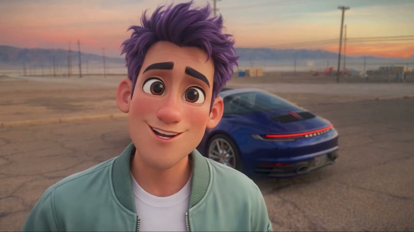 An original cartoon character stands in front of a dark-blue sports car for the Unforgettable car trend.