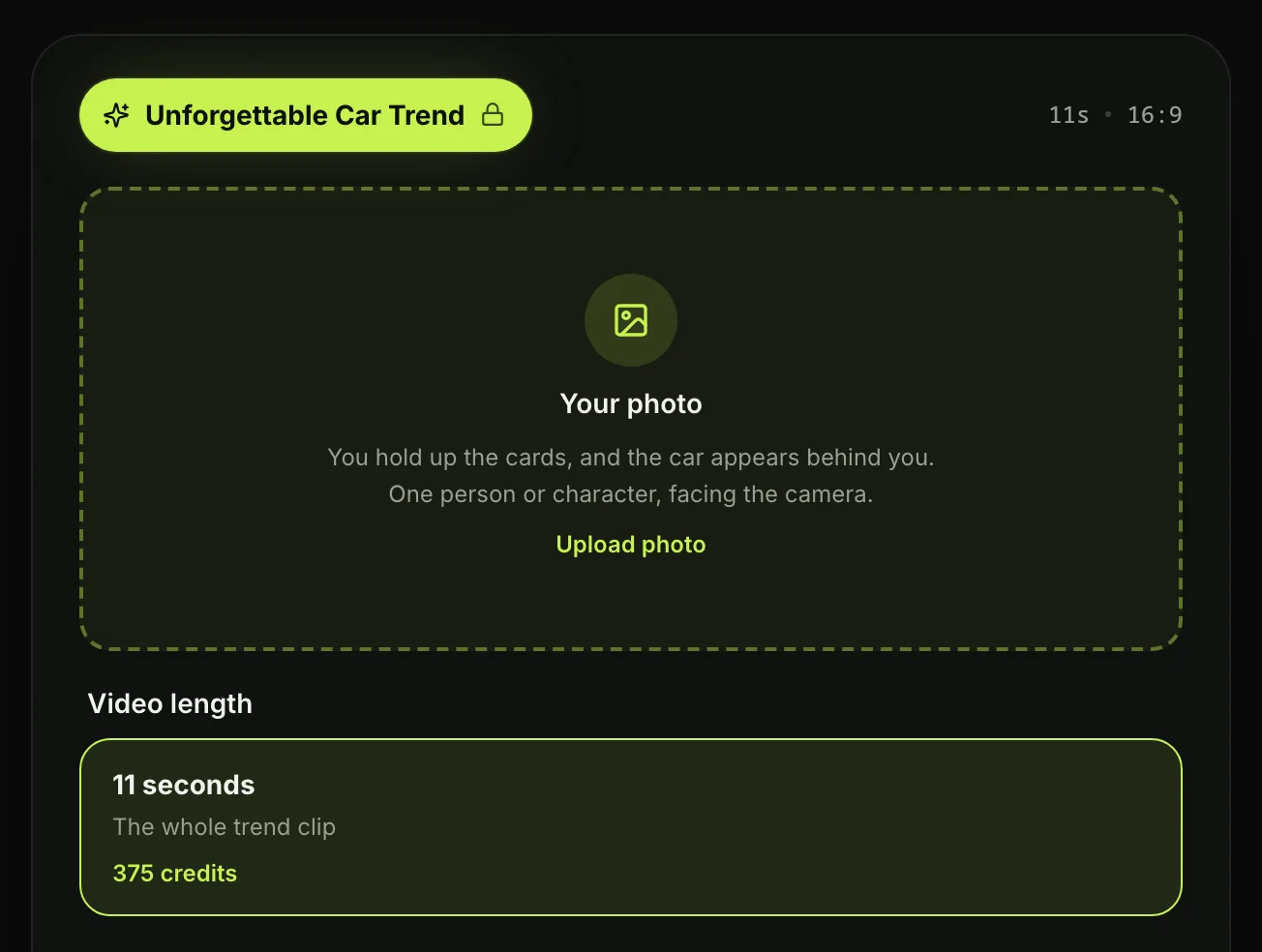 The top of the maker shows the Unforgettable car trend effect lock, the upload slot and length card.