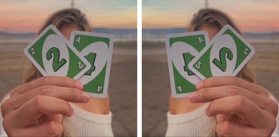 A frame from an Unforgettable car trend video showing green cards reading 24 alongside the same frame flipped to read 42 backwards.